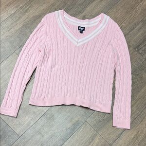 Lands' End Soft Baby Pink and White V-Neck Cable Cotton Sweater